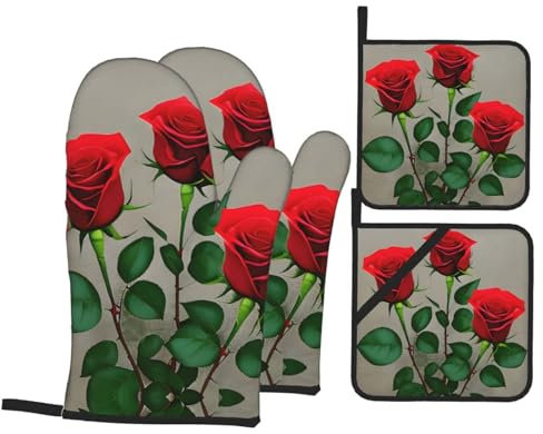 Rutschfeste Handschuhe und Grillhandschuhe - Isolierte Ofenhandschuhe und Stoffhalter Set zum Backen, Grillen und Kochen Rote Rosenblüten 1