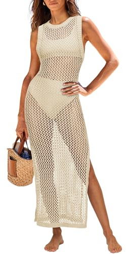 ANRABESS Womens Swimsuit Cover Up Sleeveless Hollow Knit Bikini Swimwear Bathing Suit Coverup Crochet Beach Dress White Small