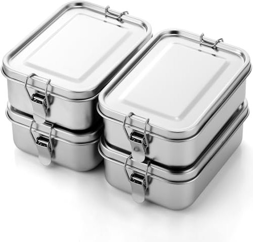 Umigy Set of 4 Stainless Steel Meal Prep Containers with Leak-Proof Locking Clips, Reusable Dishwasher Safe (850 ml)