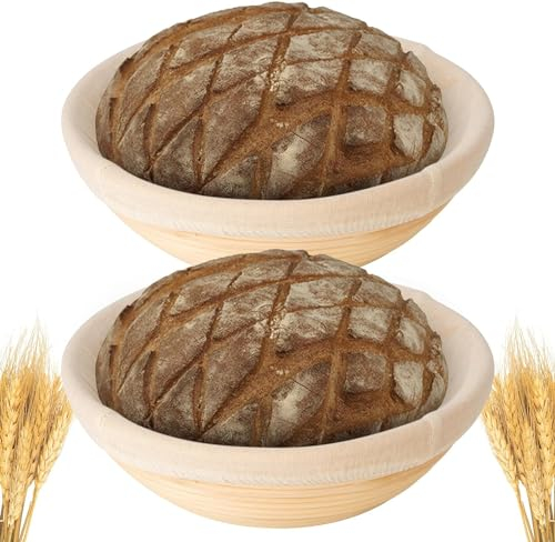 2PCS 25cm Round Banneton Bread Proofing Basket Set, Bread Dough Proofing Rising Rattan Basket & Liner for Baking Bread Making