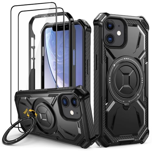 Lanhiem für iPhone 11 Hülle, 360° Ring Ständer, Stoßfest Armor, Schwarz | mit 2 Stück Schutzfolie, Robust Bumper Schutzhülle, Militärischer Panzerhülle, Kratzfest Handyhülle für iPhone 11 Case