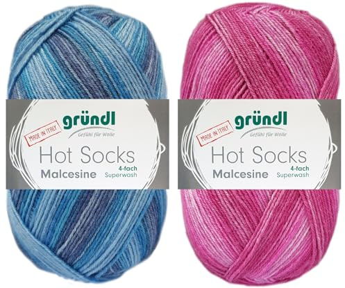 2x100 Gramm Gründl Hot Socks Malcesine (Sockenwolle aus 75% Schurwolle, 25% Polyamid (superwash) (Ocean + Fuchsia)