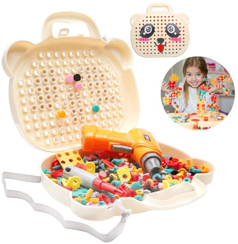 Montessori Spielzeugkiste mit Bohrmaschine, Magic Montessori Play Toolbox Montessori Werkzeugkoffer mit Bohrer Drill Toy Game Schrauben Kinderspielzeug Kinder Mosaik Steckspiel Spielzeug ab 3 Jahre