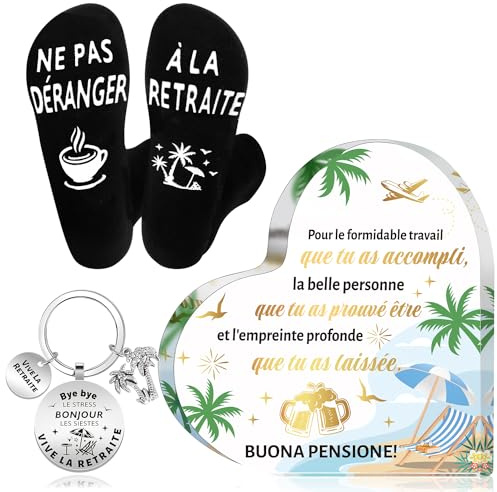 HOWAF Cadeau Retraite Femme Homme, Cadeau Retraite Forme de Coeur Acrylique Ornements, Porte-clés Retraite, Chaussette Trousse en Coton, Carte Retraite pour Cadeau Collègue, Chefs, Amis, Enseignants