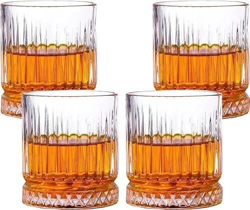 Hylruu Crystal Whiskey Glasses, 300ml Set of 4 Lead Free Hand Blown Crystal, Perfect for Scotch, Bourbon, Manhattans, Old Fashioned's, Cocktails(Stripe)