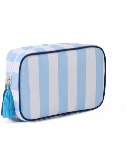 EMBRUNIOICE Stripe Makeup Bag Travel Cosmetic Bag Organizer Tassel Toiletry Bag Large Canvas Zipper Pouch and Mahjong Tile Bag (White with Blue)