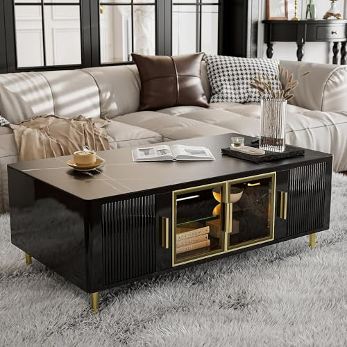 LED Coffee Table with Glass Doors and 16 Colors LED Lights, Black Rectangle End Table with White Slate Desk for Living Room Bedroom