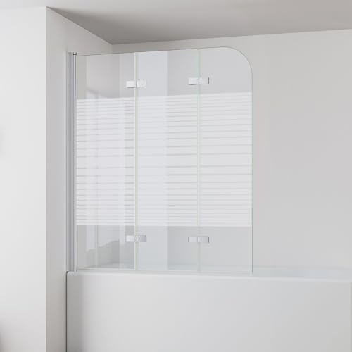 IMPTS 140x140cm Duschwand für Badewanne 3 teilig, Badewanne Glaswand Faltwand mit Streifen Milchglas, Duschtrennwand Faltbar Badewannenaufsatz Duschglaswand mit 6mm Nano Sicherheitsglas