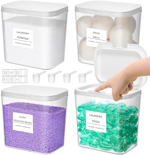 Lifewit Contenedor Detergente Polvo, Lavanderia Organizador, Pastillas Lavadora Caja de Almacenamiento de Plástico, Contenedores para Baño, Dispensador Detergente Lavadora, 2700 ml, 4 Piezas