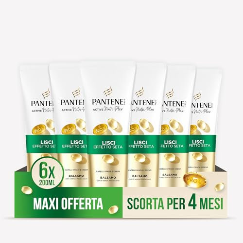 Pantene Pro-V Lisci Effetto Seta Balsamo per Capelli Crespi e Opachi, Balsamo Quotidiano, Con Pro-Vitamina B5 e Miscela di Nutrienti, Senza Olio Minerale e Coloranti, Maxi Formato 6 x 250 ml