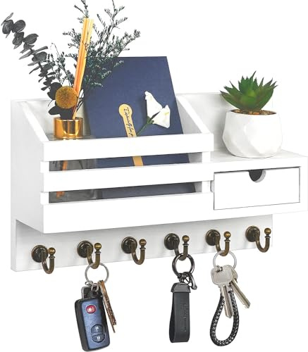 Marimor Schlüsselhalter für Wand, dekorativer Schlüssel- und Briefhalter mit Ablage hat große Haken für Taschen, Mäntel, Regenschirme, Paulownia-Holz Schlüsselaufhänger mit Montagezubehör