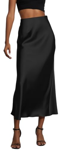 ORANDESIGNE Falda Raso Mujer Falda Larga de Satén Falda de Cintura Alta Elegante Falda Cintura Elástica de Seda Midi Falda de Noche Office Cócteles Negocios Verano Negro L