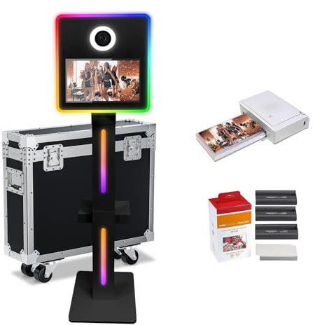 Uphith DSLR Photo Booth Machine 15.6 Zoll Selfie Portable Touchscreen Kamera Photobooth mit Flight Case，White Photo Booth mit RGB Licht für Hochzeit Party Events (Black, 15.6 Inch+Mini Printer)