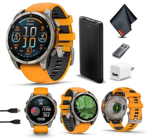 Garmin Fenix 8 47MM AMOLED Sapphire Premium Multisport GPS Smartwatch Titanium with Spark Orange/Graphite Silicone Band, Built-in LED Flashlight, Health & Fitness Smart Watch Bundle for Men & Women