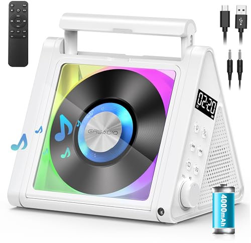 Greadio CD Player Tragbar, 4000mAh Wiederaufladbarer FM Radio mit Stereoanlage und Bluetooth 5.3, USB, AUX, Fernbedienung, 2 * 10W-HiFi-Sound-Lautsprecher, RGB-Farbige Lichter MP3 CD Player Kinder