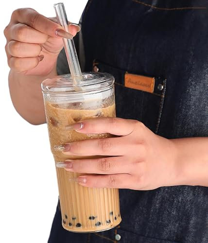 Iced Coffee Glasses, Jar Tumbler Cups With Lids And Reusable Straws, Wide Mouth Cups, Perfect For Tea, Oatmeal, Juice, Cold Brew, And Daily Refreshments, 7.09x3.35 In