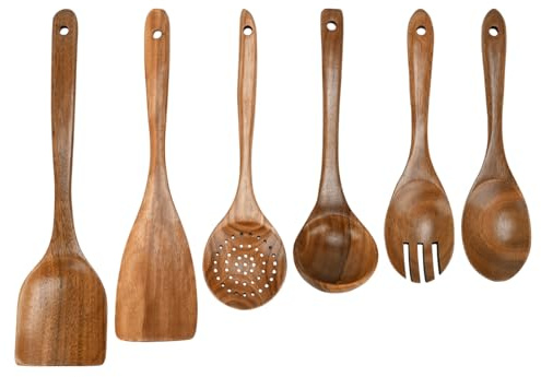 BSDLZCH 6-Teiliges Kochutensilien Set Teakholz, Holzlöffel & Suppenkelle | Hitzebeständige Küchenhelfer mit ergonomischem Griff – Schonend für Antihaft-Töpfe & natürliches Teakholz