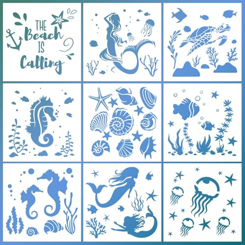 9 Stück Meerjungfrau und Meer Tier Schablonen 20x20cm Wiederverwendbar Malerei Vorlagen für DIY Handwerk Scrapbooking Basteln auf Holz Wanddekoration