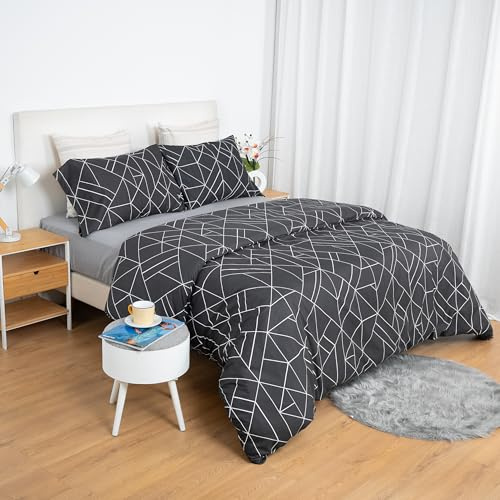 H HANSEL HOME Funda Nordica Cama 135 de 4 Piezas Transpirable Suave al Tacto 100% Microfibra, Funda Edredón 220x220m, Bajera 135x200cm con 2 Fundas de Almohada 50x75cm - Geometría Urbana