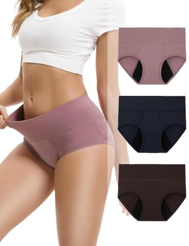 INNERSY periodiska underkläder stark blödning bambu menstrosor 3-pack | Menstruationstrosa med hög midja, menstruationsunderkläder, mikrofiber, tvättbara perioder underkläder