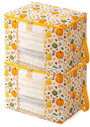 Chaos Cleared Canvas Storage Bags Designer Organizer 2 Pack – Seasonal Storage for Sweaters, Blankets, Linens & Garments – Foldable Design with Zip & Window (Pumpkin Print)