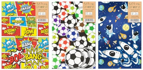 Sixstore presentpapper och etiketter för pojkar – 24 ark totalt, 12 paket, 2 ark + 2 etiketter per paket, blandade mönster, 50 cm x 70 cm omslagspapper