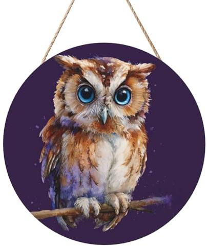 Woshuwo Panneau de bienvenue rond en bois à suspendre pour porte d'entrée, 30 cm, motif chouette sur fond violet foncé
