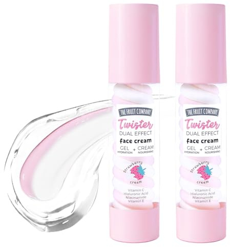 The Fruit Company Crema Facial Twister Dual Effect Pack 2 x 50 g – Gel + Crema con Ácido Hialurónico, Vitamina C y E, Niacinamida, Glow Diario (FRESA NATA)
