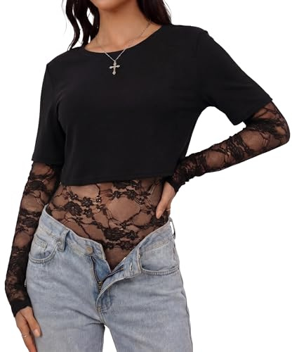 Ausing Donna Body Elegante Estiva Top Pizzo Maniche Lunghe Sottogiacca Maniche Corte Manica Lunga Camicia Manica Corta Modellante Abbigliamento Sexy Eleganti Blusa Trasparente Tulle Nero S