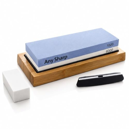 AnySharp Kit d’aiguisage XL avec pierre à aiguiser, pierre double face grain 1000/6000 avec base en bambou antidérapante, guide d’angle et pierre d’aplanissement pour couteaux de cuisine