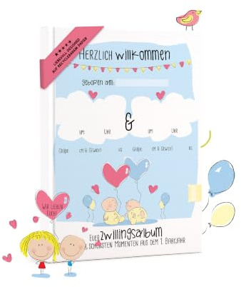 Zwillingsalbum personalisiert – Erinnerungen ans erste Babyjahr | Rundfux® | Wunschname, individuelles Cover, Meilensteine, Fotos, Entwicklungsschritte, Geburtsdaten, Erinnerungsschatz