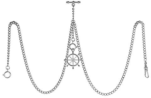TREEWETO Taschenuhrkette mit T Bar Endstück Gesamtlänge 72cm Doppel Albert T-Bar Taschenuhr Kette mit Antiker Ruder Anhänger und 3 Haken für Weste Knopfloch