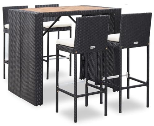 vidaXL Akazienholz Gartenbar Set 5-TLG. Theke Bar Tresen Gartentheke Bartisch Stehtisch Barhocker Barstuhl Gartenmöbel Poly Rattan Schwarz