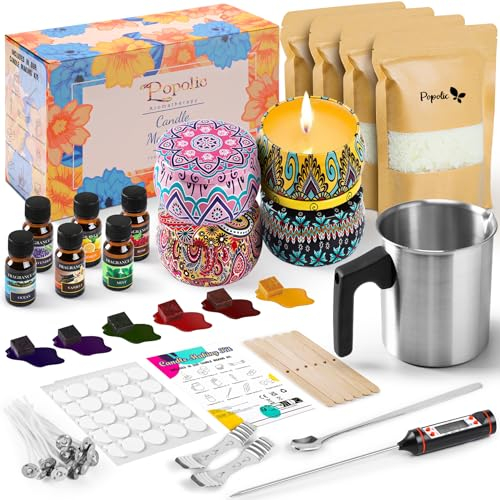 Popolic Kerzenherstellung Kit, DIY Kerzenherstellung Zubehör, Duftkerze Geschenke Set, Inklusive Sojawachs, Dose, Dochte, Dochthalter, Farbstoffe, Fassungsvermögen Kanne