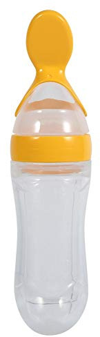 Bebé de silicona para bebés - 1Pc 90mL Biberón de silicona para bebés con cuchara Cuchara de alimentos frescos Alimentador de cereal caliente(amarillo)