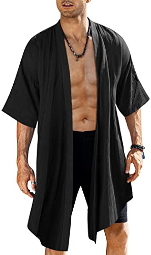 COOFANDY Men's Long Cardigan Cotton Kimono Robe Lightweight Casual Beach Drape Cape