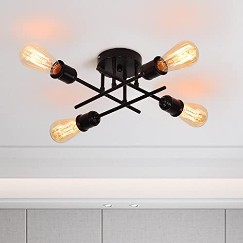 Qcyuui Sputnik Deckenleuchte 4-flammig, E27, Schwarz, Metall, 36cm | Halbbündige Industrie Lampe für LED-, CFL- und Halogenbirnen bis 60 W, ideal für Küche, Esszimmer, Wohnzimmer, Flur und Café.