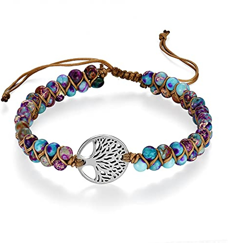 Flongo Böhmische Perlen Edelstein Yoga Armband Wickelarmband Naturstein Healing Reiki Mala Boho Style Kette mit Lebensbaum Anhänger für Frauen