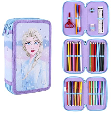 CERDÁ LIFE'S LITTLE MOMENTS - Estuche Escolar 3 Compartimentos Niña de Elsa Frozen | Incluye Todo el Material Escolar Necesario para Preescolar y Primaria - Licencia Oficial Disney