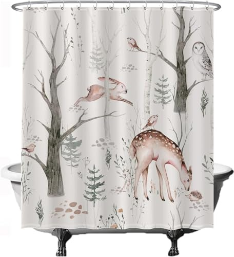 Ulticool Duschvorhang - Eul Vogel Hirsch Tiere Natur Aquarell - 180 x 200 cm – Waschbar – Anti Schimmel - Wasserdicht - mit 12 Ringe - Weiß Braun