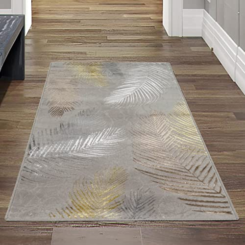 Teppich-Traum Bettumrandung Designer Teppich Flur Wohn- & Schlafzimmer • hell-dunkel Effekt Palmenzweige grau Gold glänzend, Größe 80x150 cm