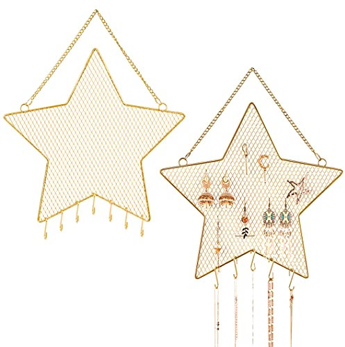 Rolin Roly Hanging Jewelry Organizer Star Wall Mounted Earring Display Hanger Closet Storage Rack with 7Hooks Metal Gold Mesh Necklaces Bracelets Holder for Girl Women25x30cm