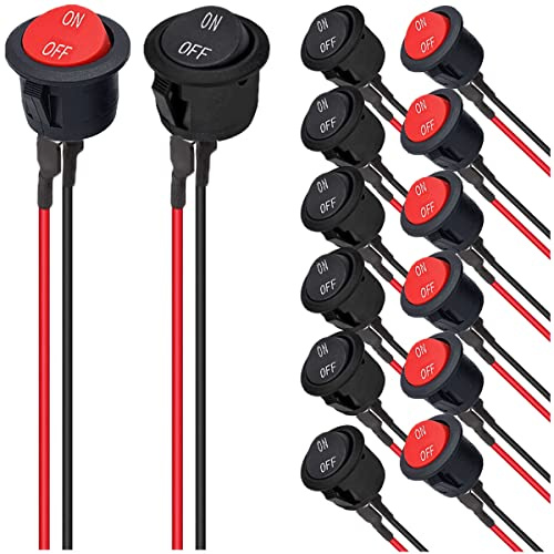 MKBKLLJY 14St. 20mm Mini Rund Wippschalter EIN/AUS Einrastende Kippschalter SPST 2Pin Snap-in Design mit vorverdrahteten Drähten AC 6A 250V 10A 125V 12V DC für Auto Boot 2Farben(Schwarz/Rot)