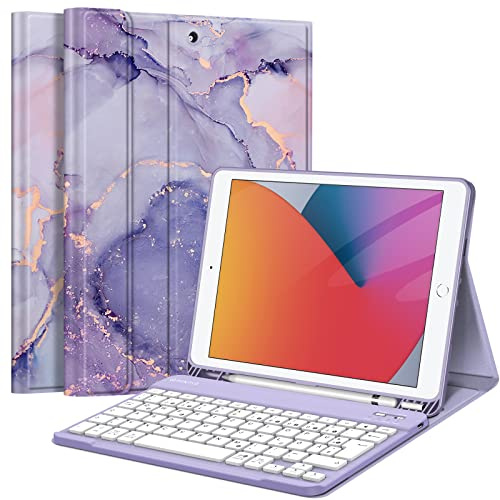 Fintie Tastatur Hülle für iPad 10.2 Zoll (9/8/7 Generation, 2021/2020/2019) | Schutzhülle mit TPU Rückschale, Pencil Halter und magnetisch Abnehmbarer Tastatur mit QWERTZ Layout, Lila Marmor