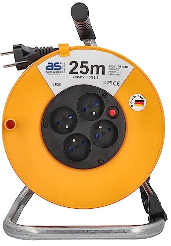 as - Schwabe Kabeltrommel 25 m, IP20 Innenbereich, 4 Steckdosen, Thermoschutzschalter, Feststellbremse, Made in Germany