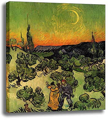 Yhmcie Tela artistica da parete astratta opere d'arte dipinti ad olio per la casa e l'ufficio, paesaggio di Van Gogh con coppia che cammina e mezzaluna senza cornice, 80 x 88 cm