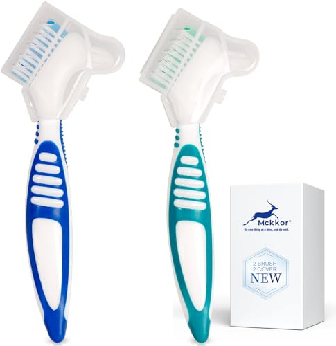 Mckkor Denture Cleaning Brush Set with Dustproof Denture Brush Holder - Denture Brush Toothbrush Set for Denture Cleaning Care - Multi-Layered Bristles & Ergonomic Rubber Handle (Blue & Green)