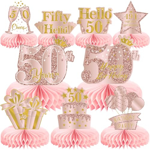 Voxisroma 9 Stück 50 Geburtstag Deko,Deko 50. Geburtstag Frauen,Roségold Rosa Bienenwabe Mittelstück Tischdeko Geburtstag,50 Geburtstag Party Deko Supplies,Geschenke Für Frauen Zum Geburtstag