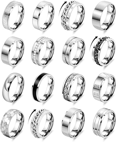 REVOLIA 16PCS Silver Rings for Men Stianless Steel Band Rings for Men Women Simple Engagement Wedding Promise Rings Set 9