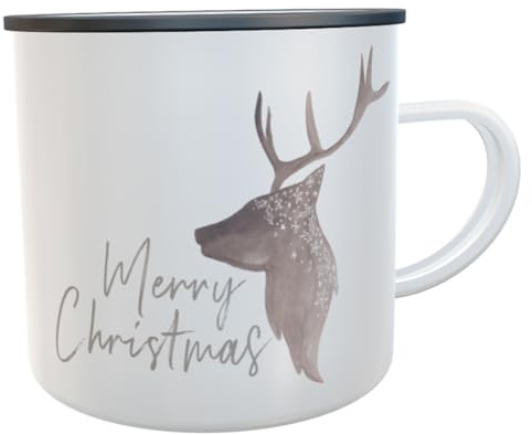Emaille Tasse mit Aquarell-Wintermotiv Punschbecher Glühweinbecher Teetasse Campingtasse Teebecher (Hirsch-Kopf)